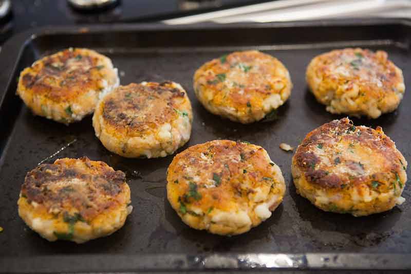shrimp cakes on pan