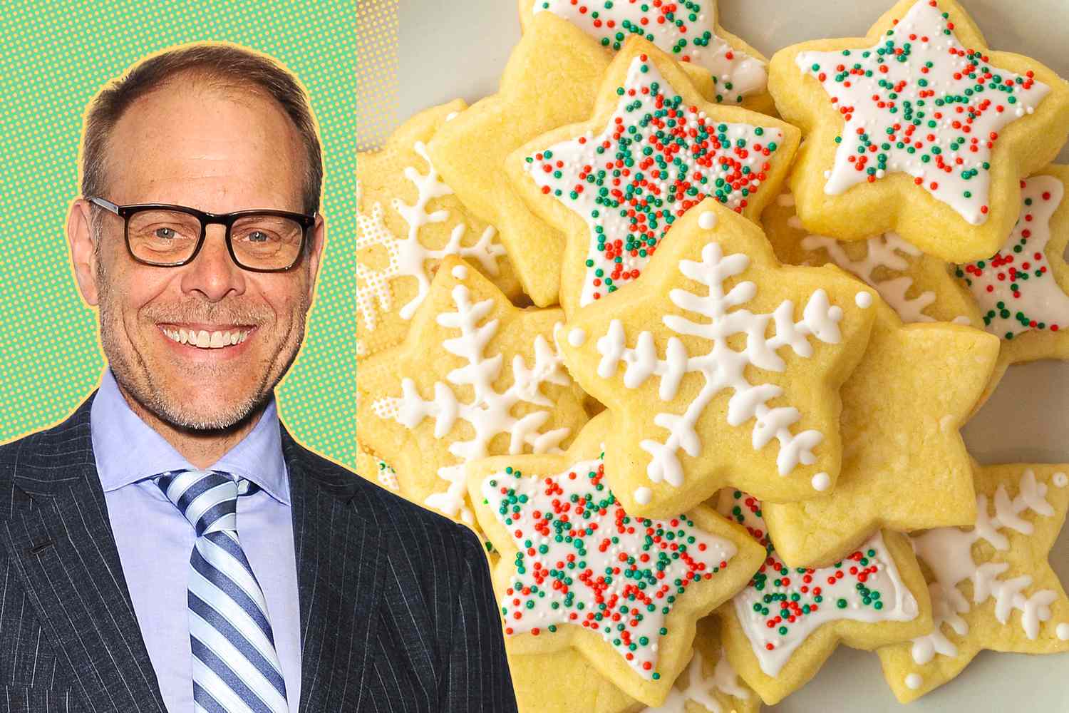 Alton Brown next to decorated sugar cookies shaped like stars with frosting and sprinkles