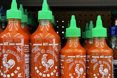 Sriracha bottles in the grocery store