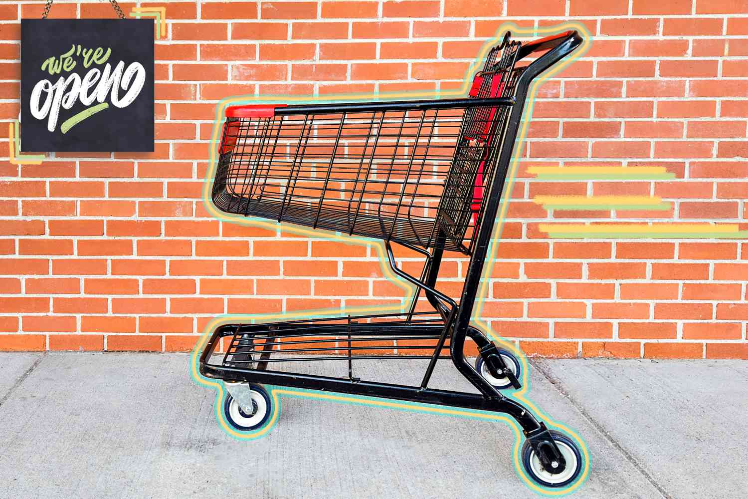 Photo of a shopping cart on the side walk with photo illustrations outlining the shopping cart