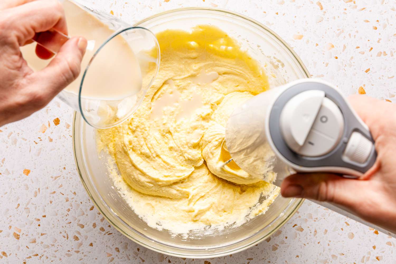 milk added to butter-sugar-egg mixture (alternating between wet and dry ingredients) for ciambellone recipe
