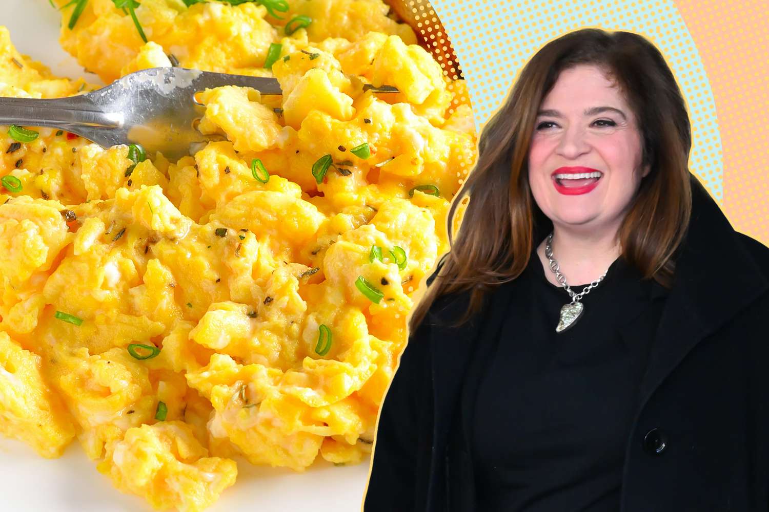 Alex Guarnaschelli headshot next to scrambled eggs with a fork