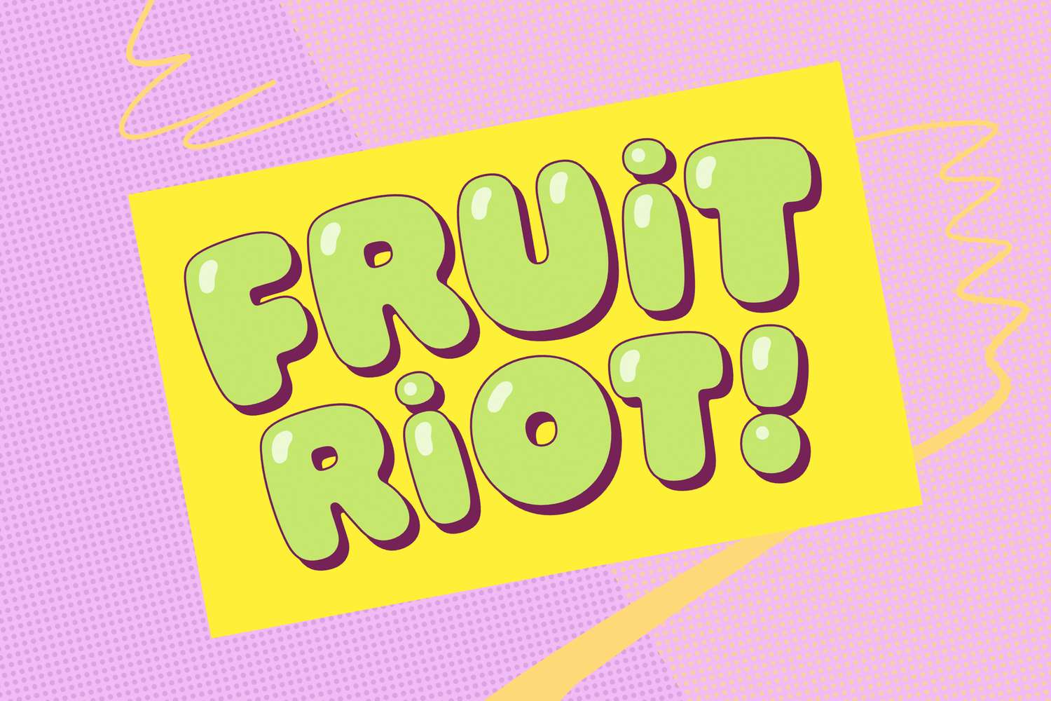 The words Fruit Riot in bold letters on a colorful background