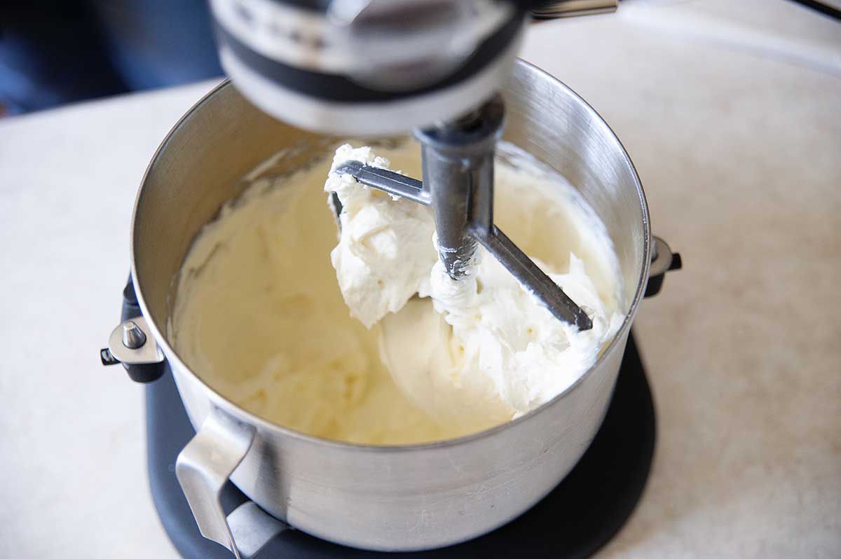 Whipped cream cheese in a standmixter.