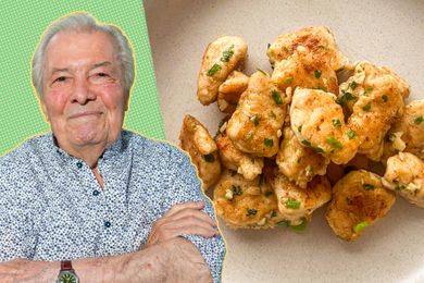 Jacques Ppin pictured beside a dish of cooked chicken pieces