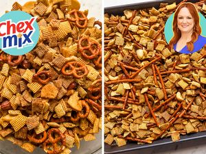 Homemade Chex Mix recipe attributed to Ree Drummond in a collage of two views bowl and tray of seasoned mix with Chex Mix logo in frame