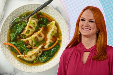An image composition of a bowl of dumpling soup and Ree Drummond