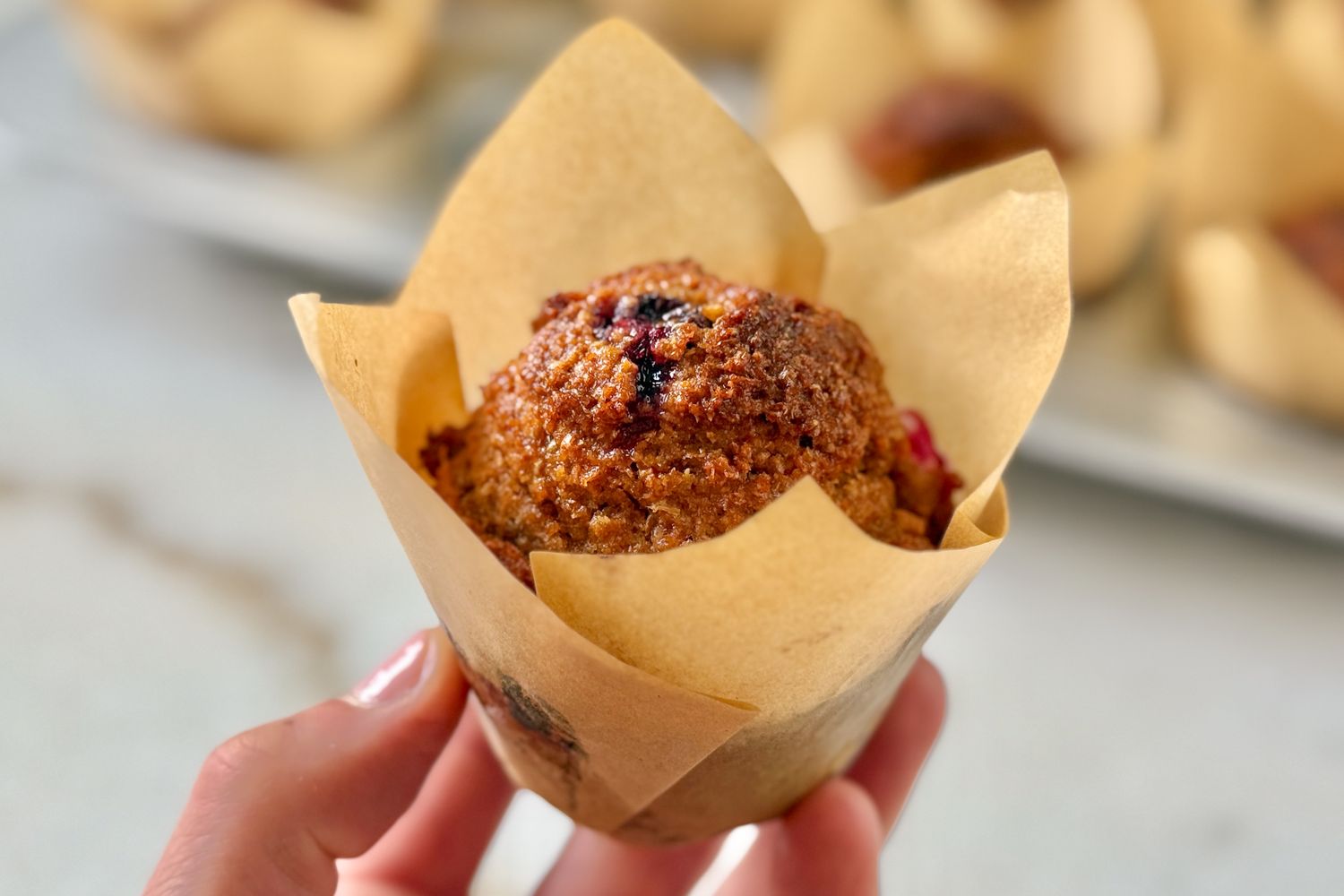 A hand holding a muffin with a brown wrapper