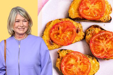 Martha Stewart next to a plate of tomato-topped welsh rarebit toasts