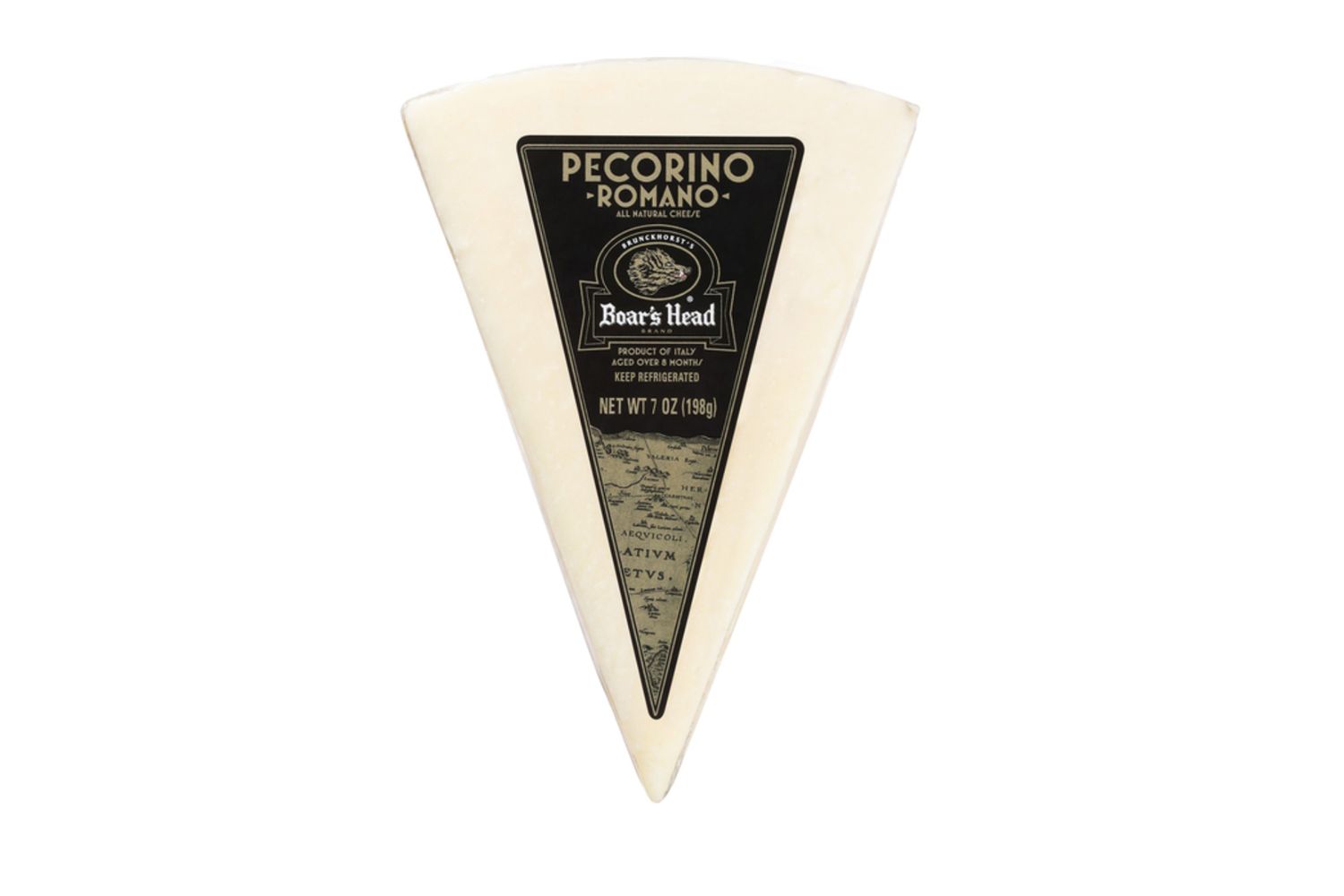 A wedge of Boars Head Pecorino Romano cheese