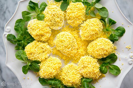 A top shot of eggs mimosa, ready to serve and eat