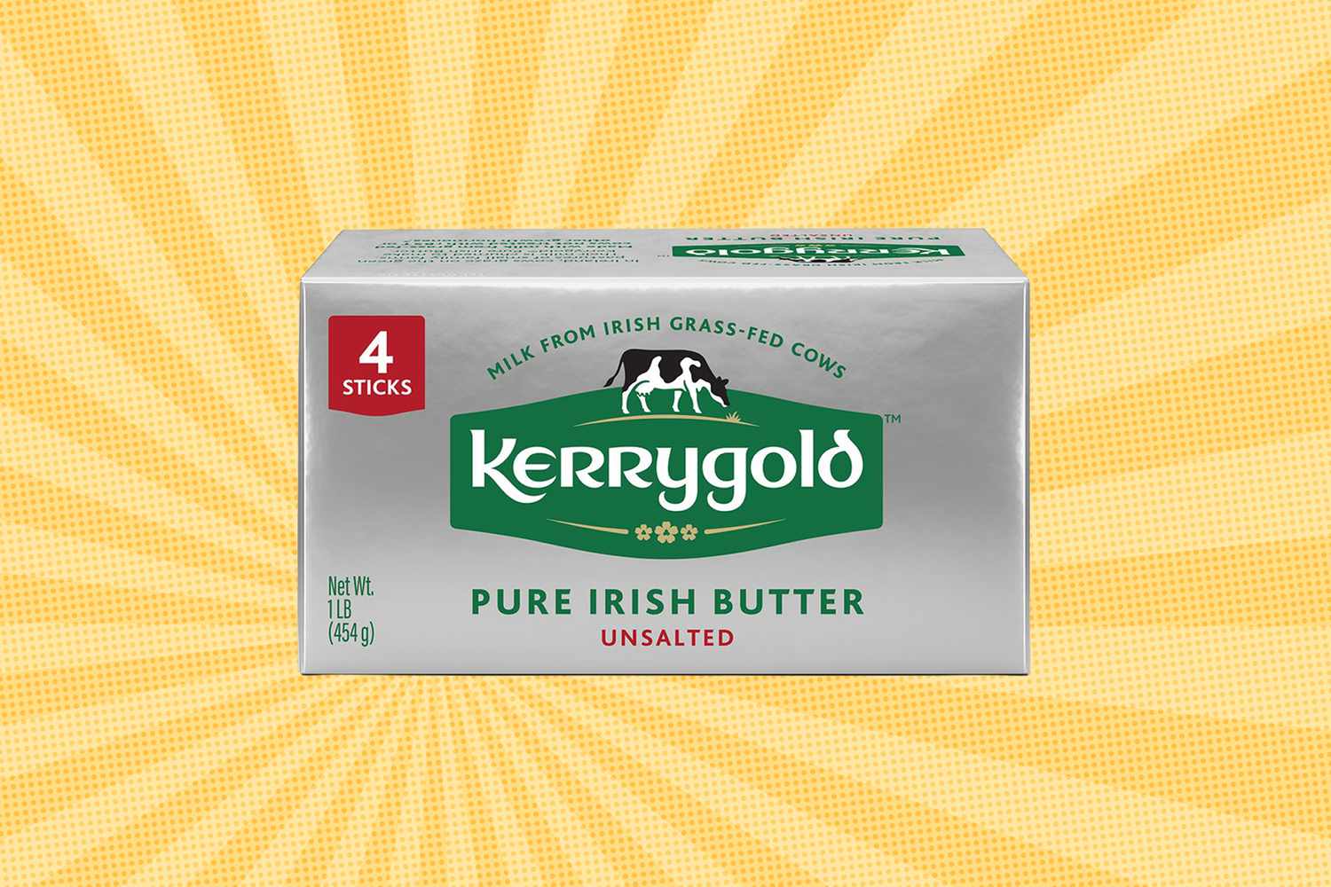 Package of Kerrygold Pure Irish Unsalted Butter containing four sticks on a yellow background with radiating pattern
