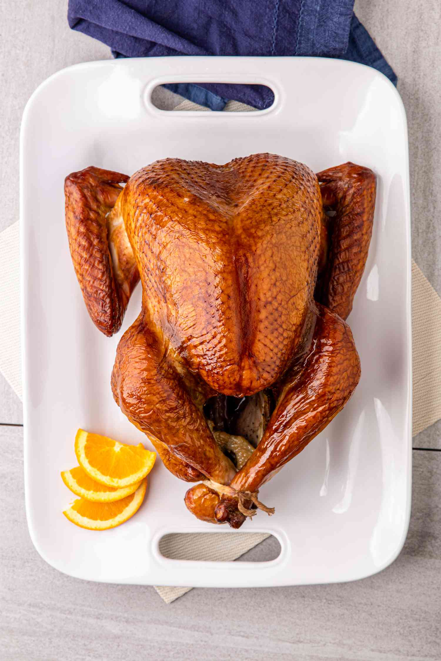 Overhead view of a brined smoked turkey.