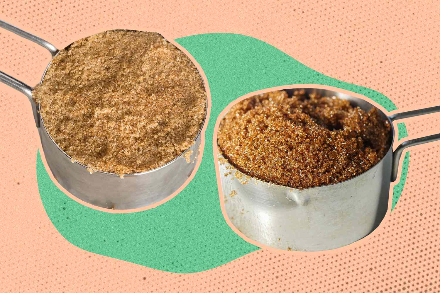 Two measuring cups with dark and light brown sugar on a green and peach colored illustrated background