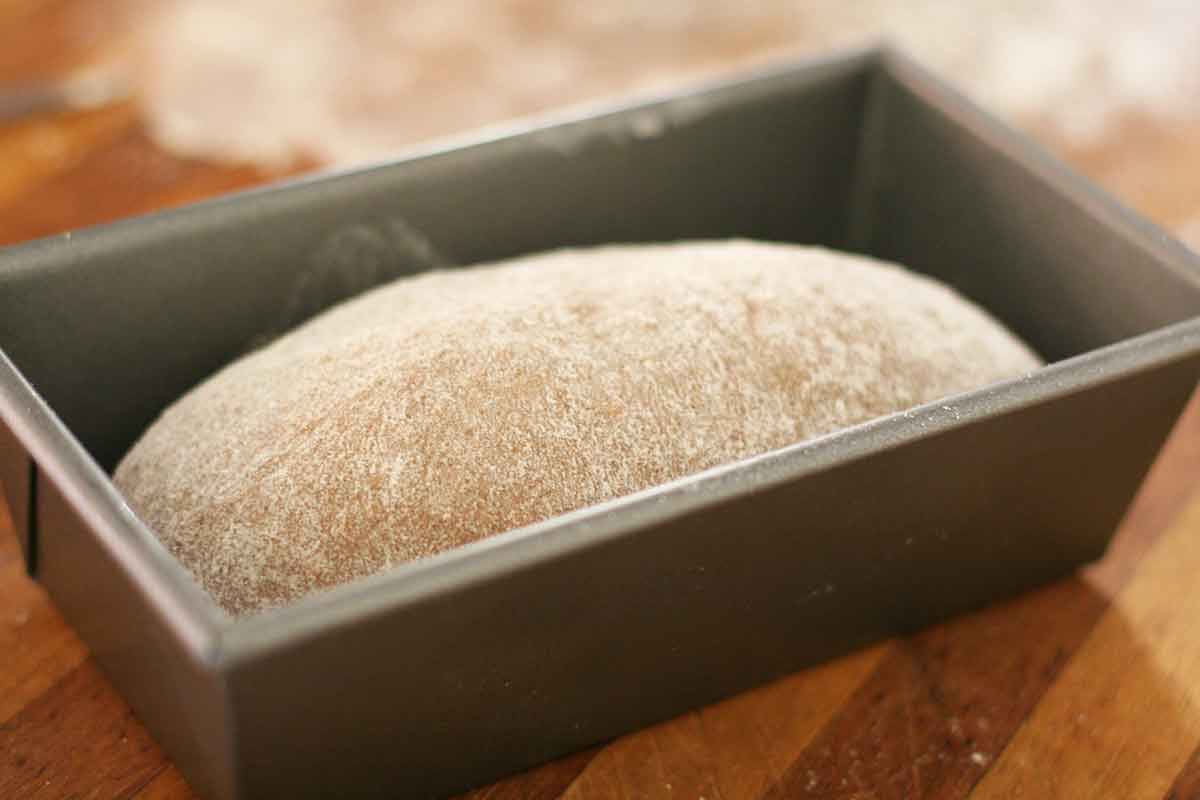 Rye bread dough in a loaf pan