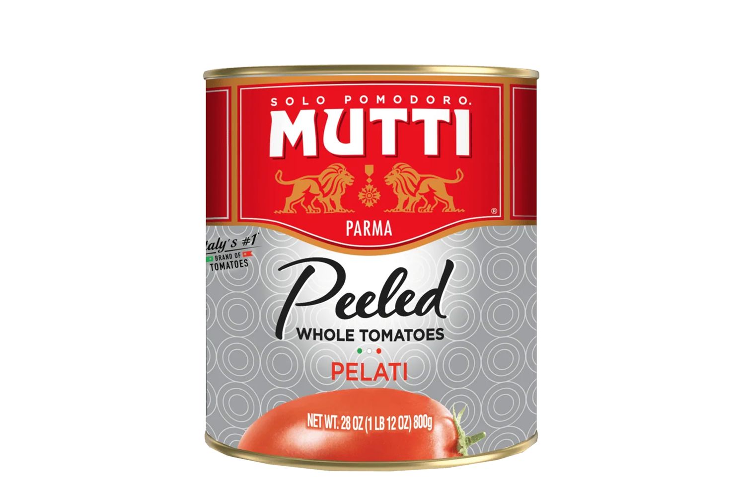 A can of Mutti peeled whole tomatoes labeled Pelati