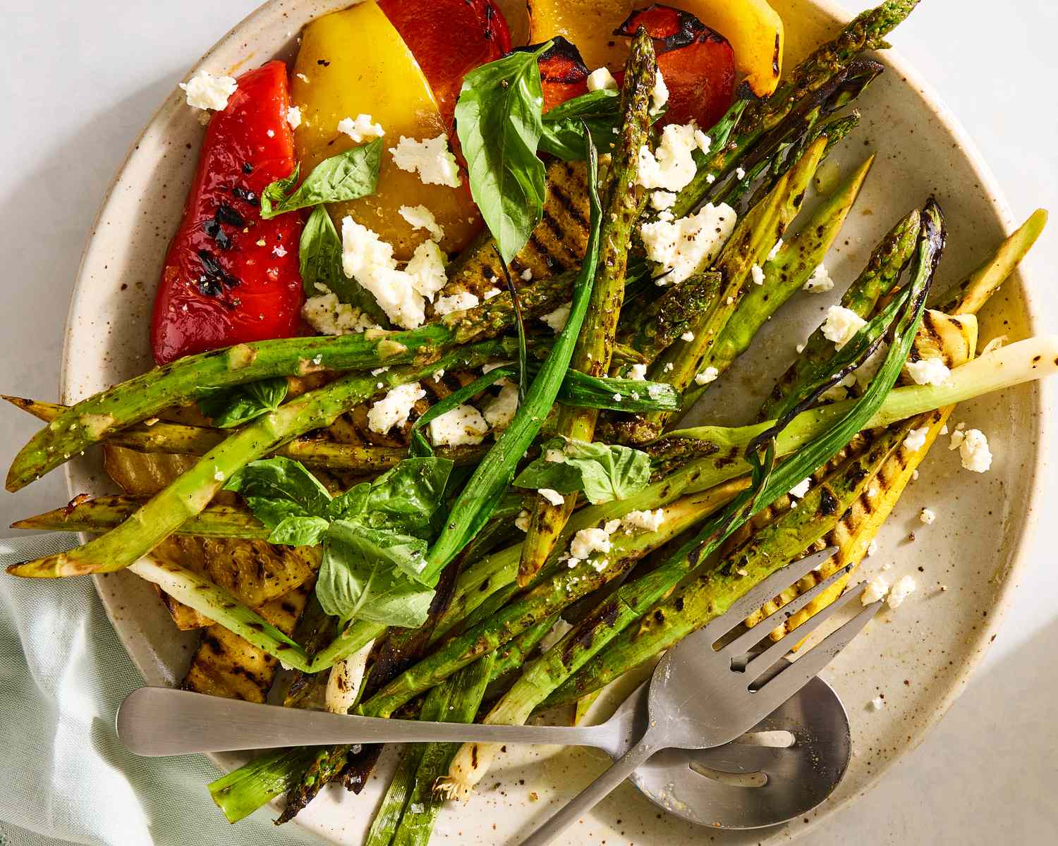 Plate of grilled vegetables, including asparagus, peppers, and cheese garnished with fresh herbs