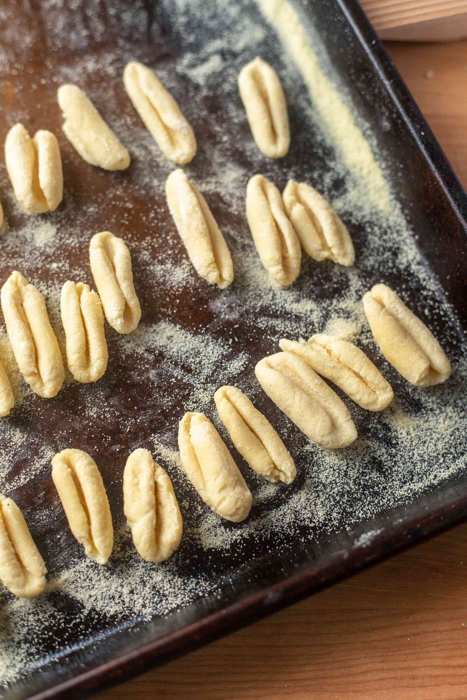 Fresh Homemade Cavatelli on Baking Sheet Dusted With Semolina Flour