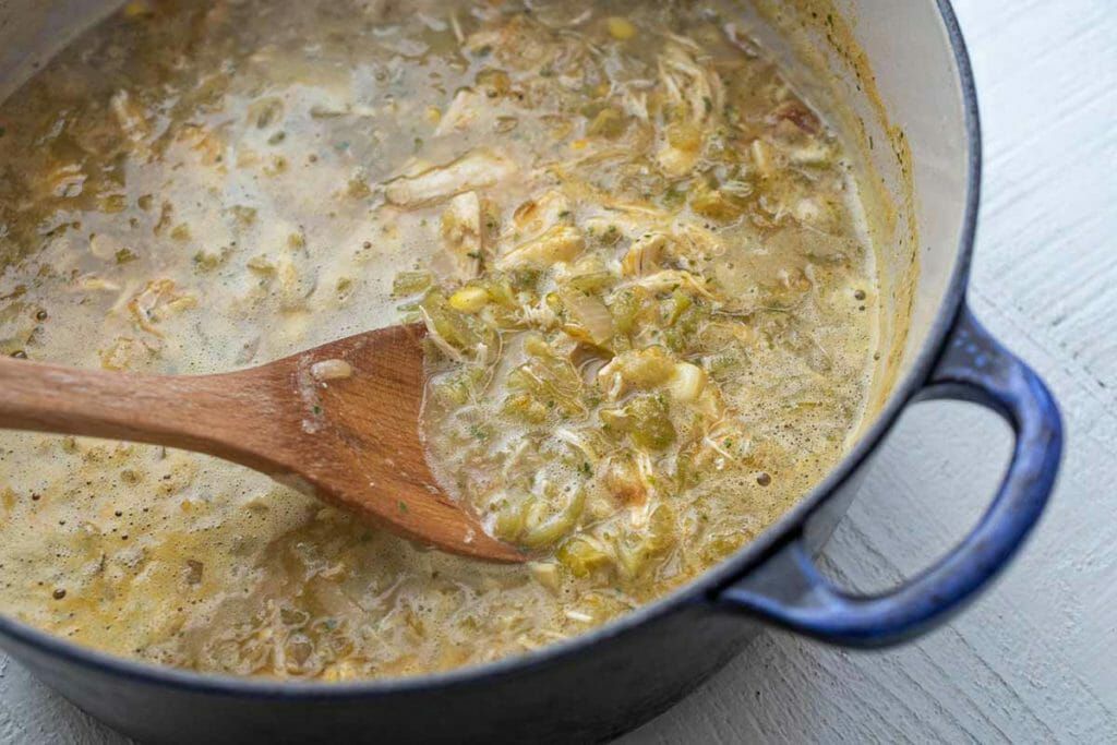 Hatch green chili soup on the stove