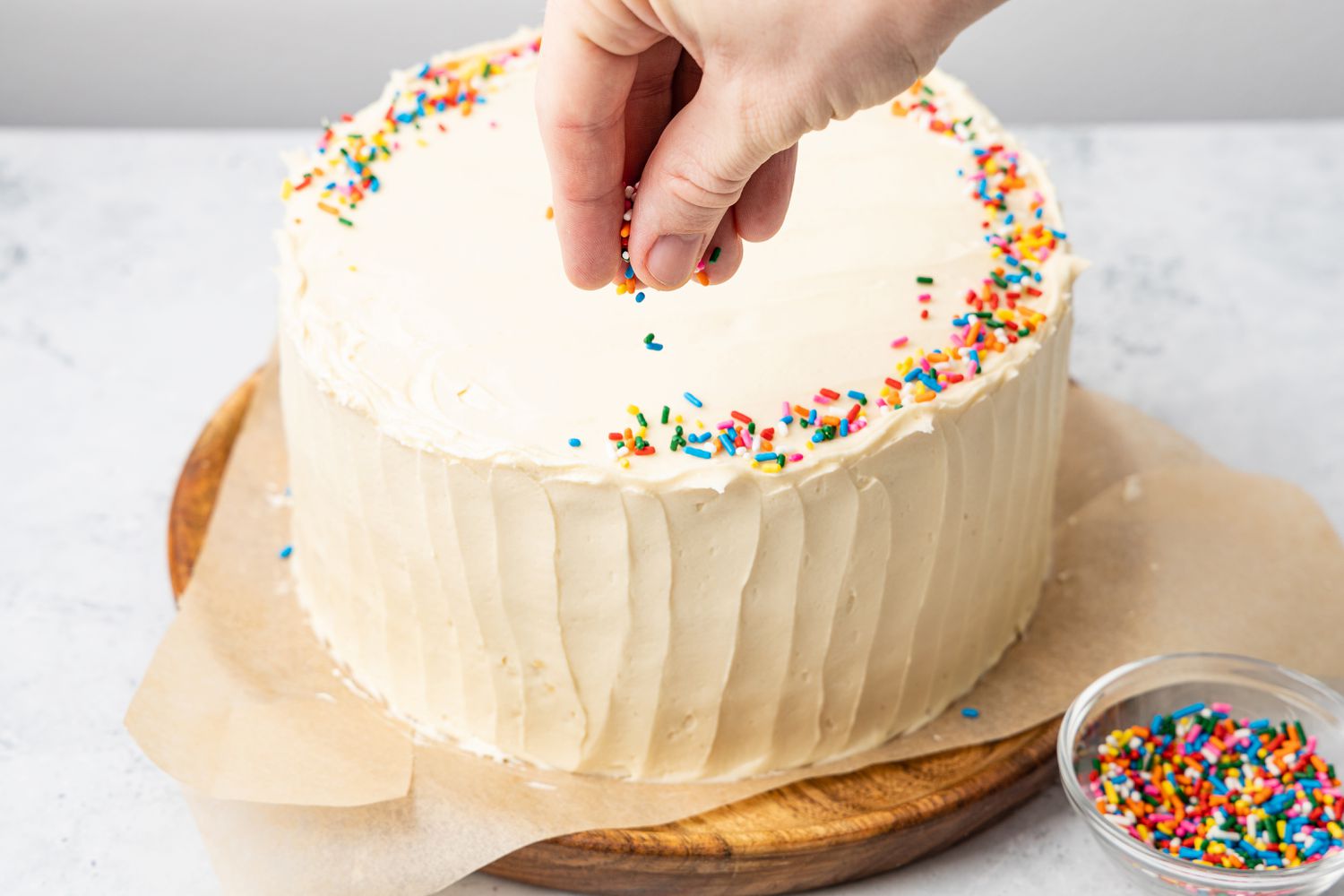 Rainbow Sprinkles Added to the Top Perimeter of 3-Layer Microwave Cake Recipe