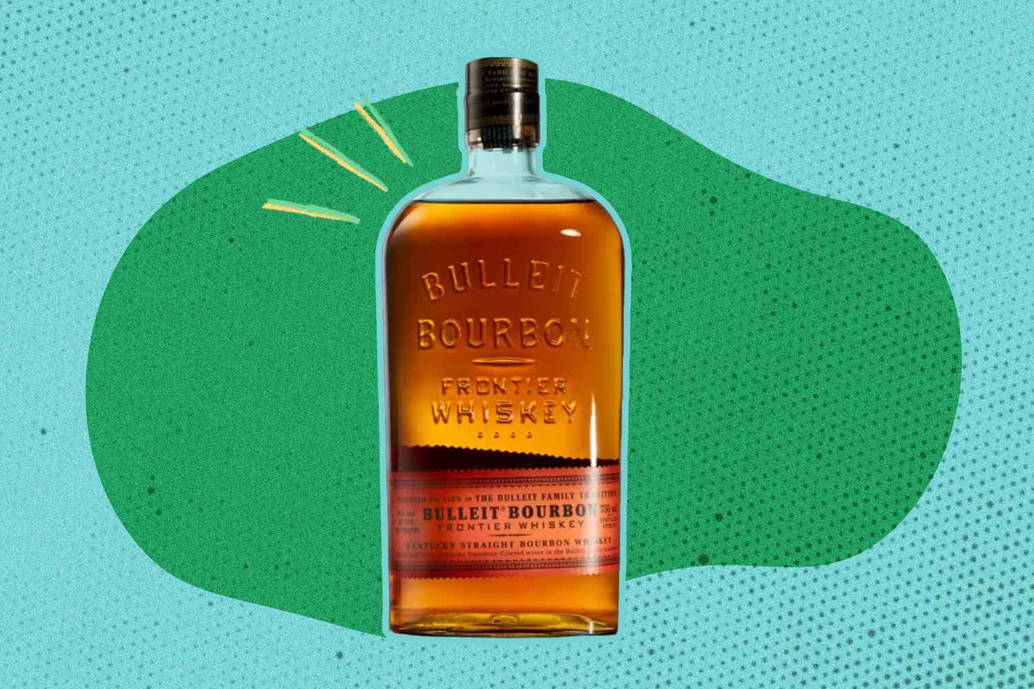 A Bulleit Bourbon bottle on a green and blue illustrated background