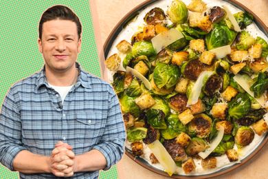 Jamie Oliver next to a plate of crispy charred Brussel sprouts with bread cubes and shaved cheese