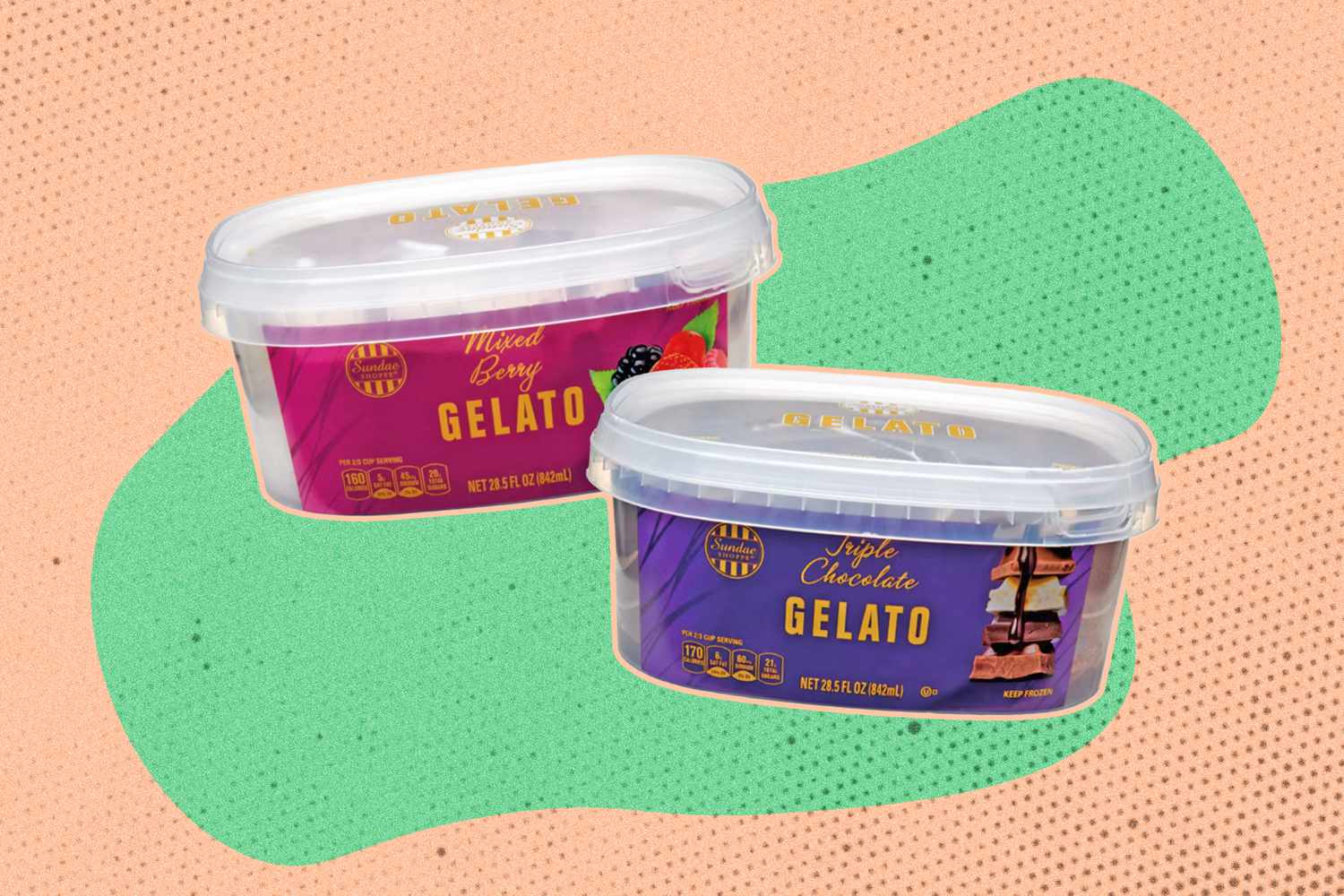 Two tubs of gelato, labeled 'Mixed Berry' and 'Triple Chocolate,' displayed against a stylized background
