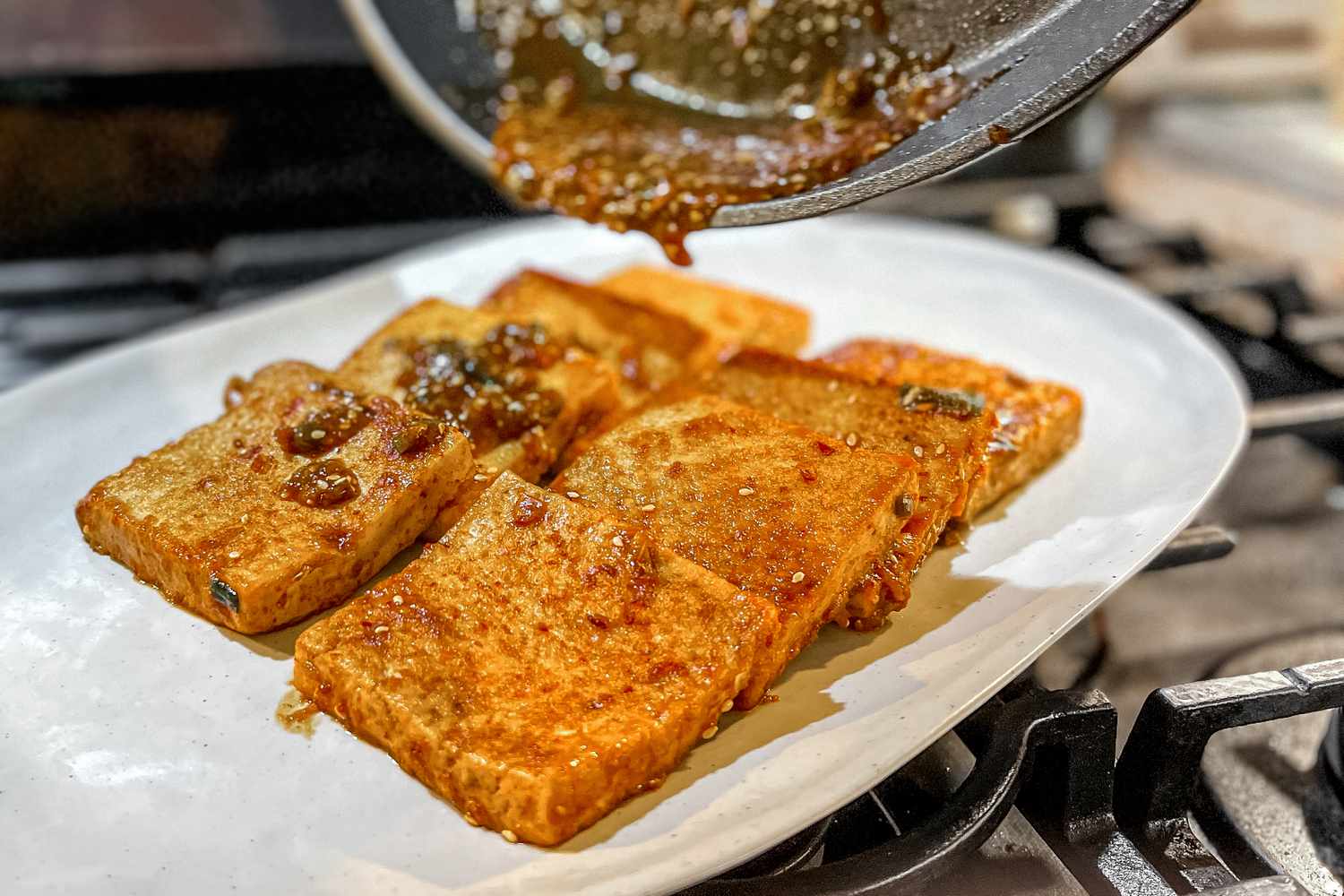 Dubu Jorim (Korean Braised Tofu) Being Plated