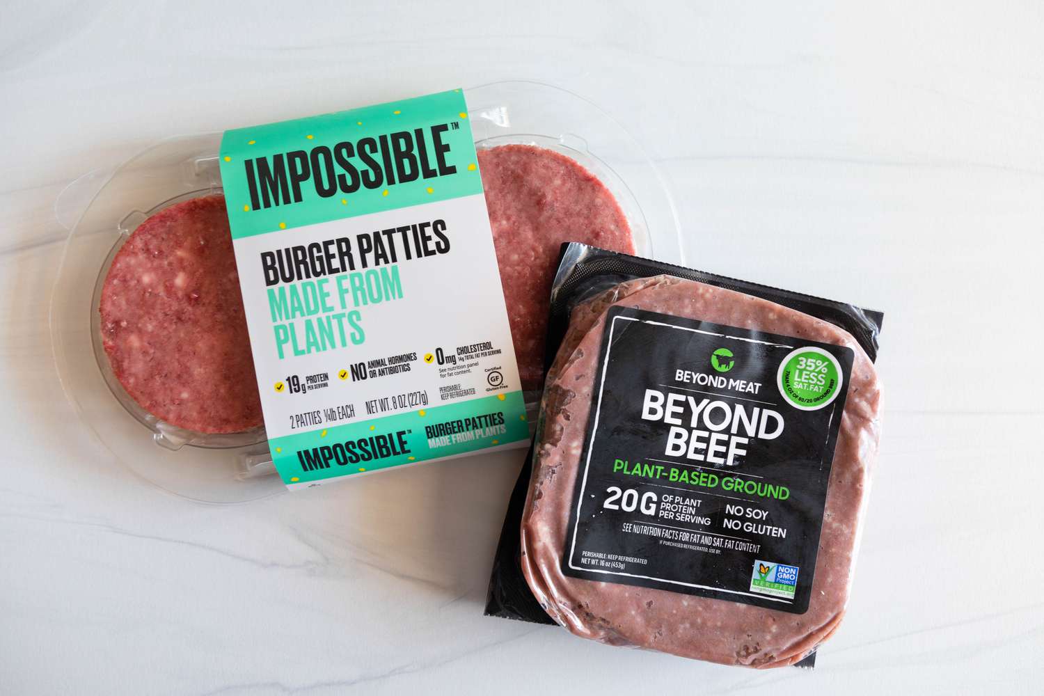 Packaged Impossible burger patties and beyond beef patties