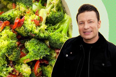 Headshot of Jamie Oliver next to a closeup of his broccoli salad recipe
