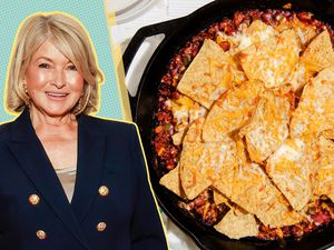 Martha Stewart image over a blue and yellow dotted background next to a photo of her taco casserole