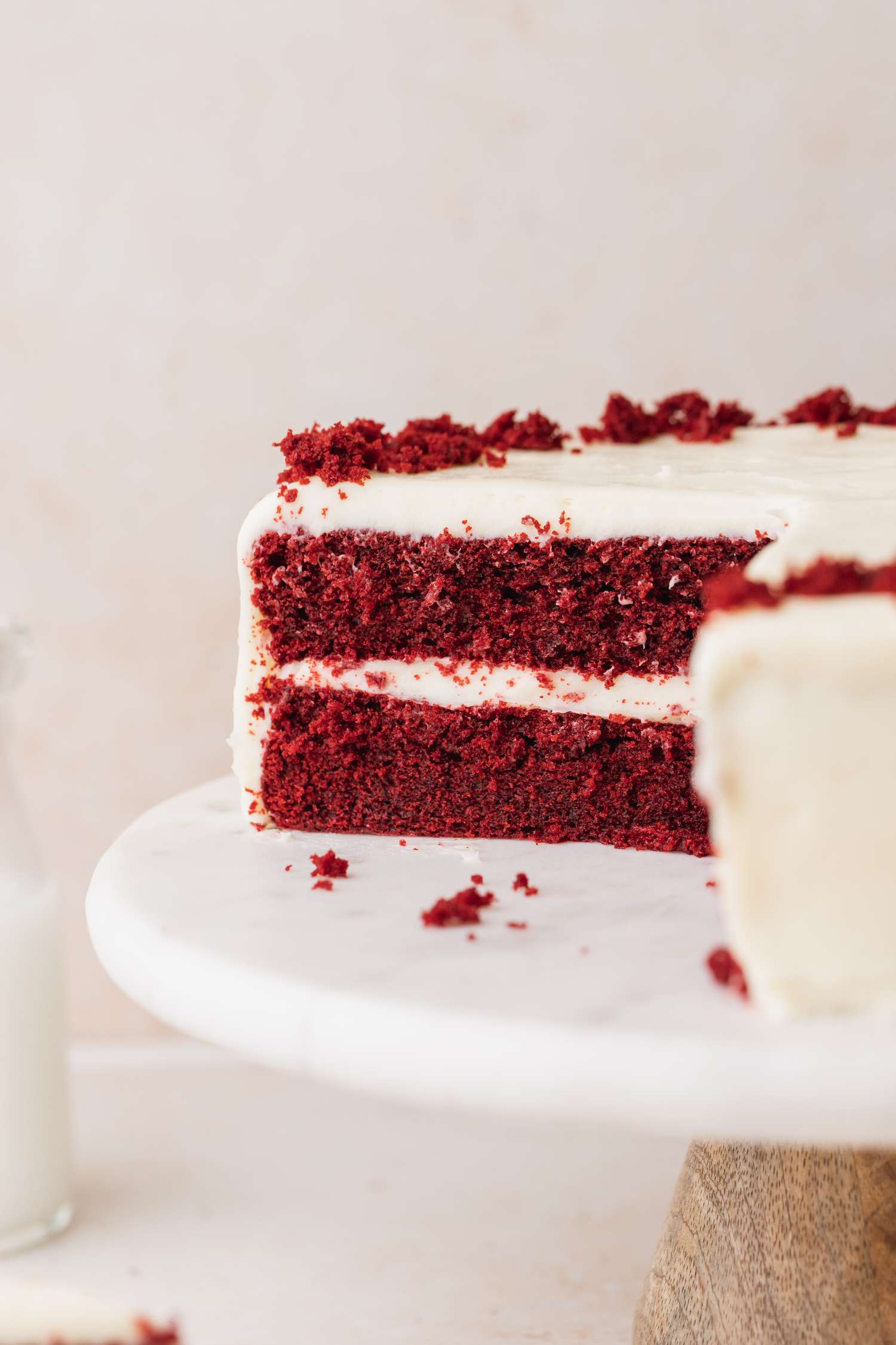 Up close, cut red velvet cake 
