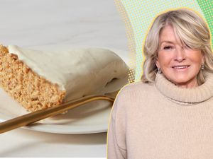 Martha Stewart and a slice of nobake cheesecake on a plate