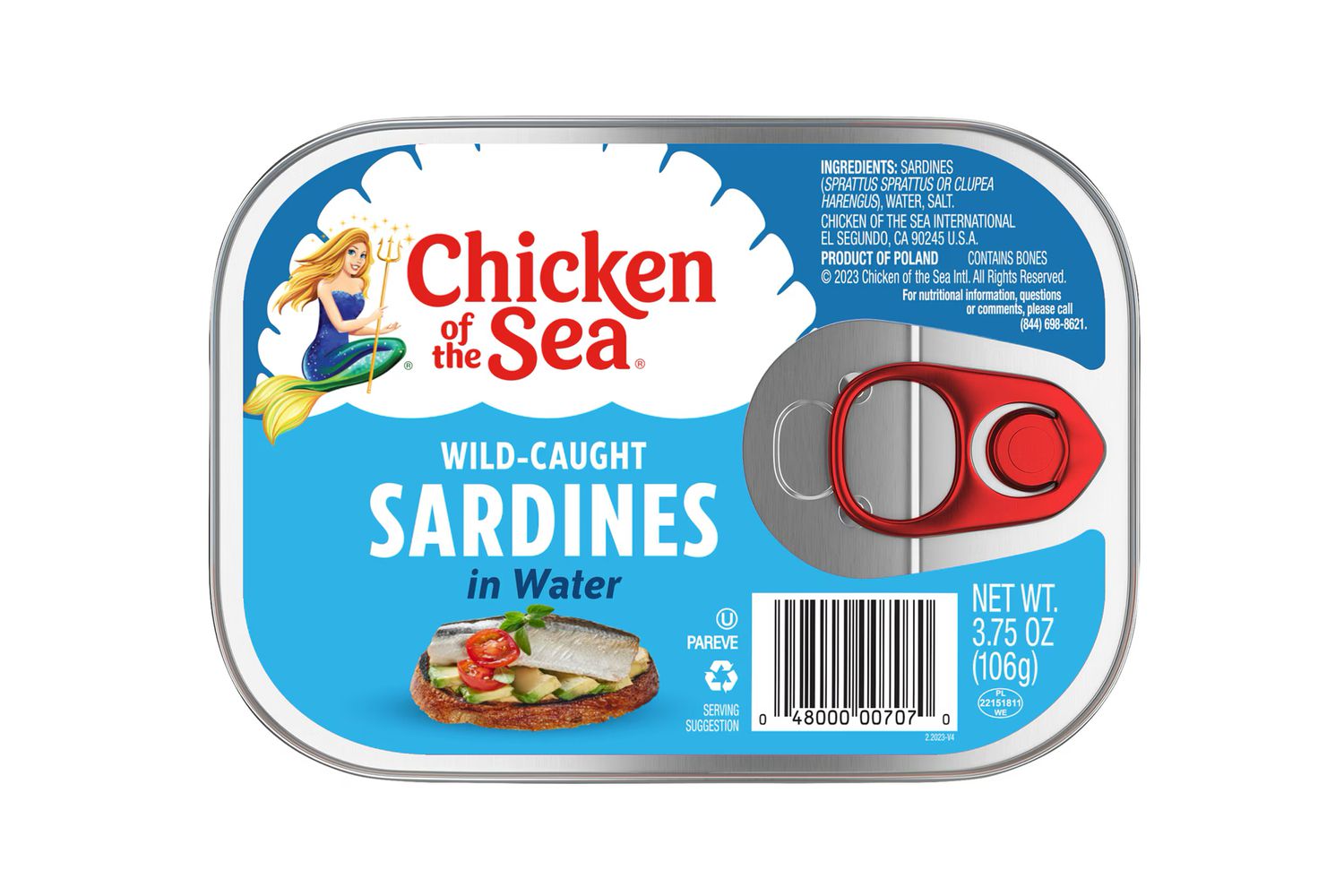 A tin of Chicken of the Sea wild-caught sardines in water with a pull tab on the lid