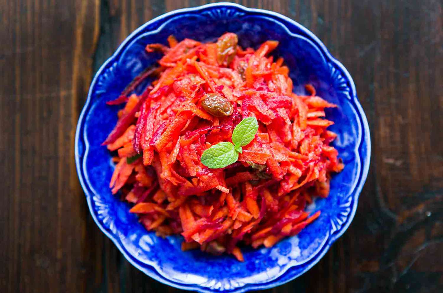 Moroccan Grated Carrot and Beet Salad Recipe in blue bowl