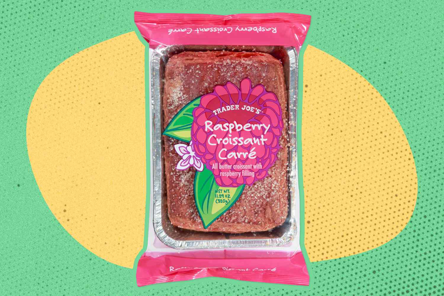 trader joe's raspberry croissant carre package over a coloful background