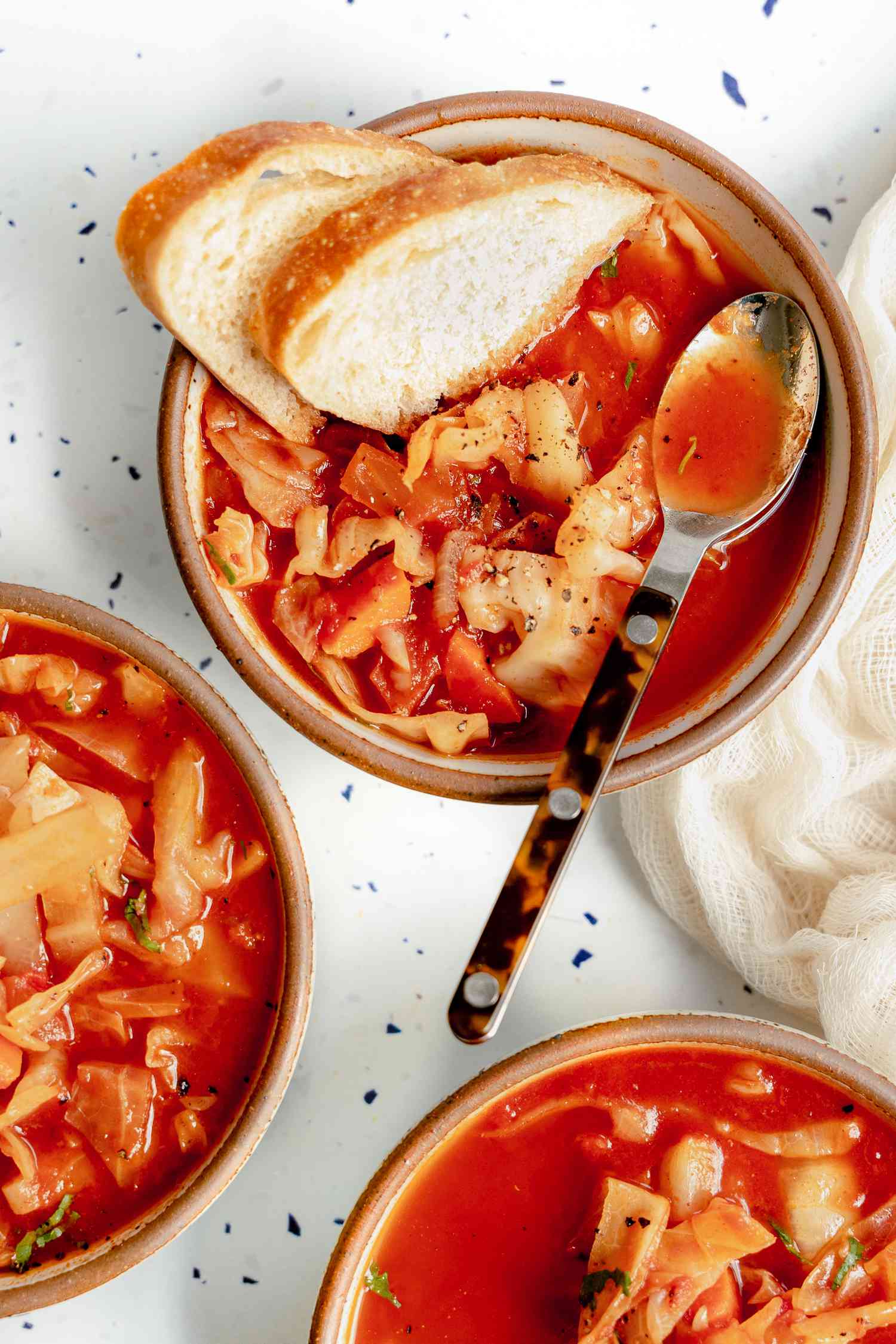 Three Bowls of Sweet and Sour Cabbage Soup, and in One Bowl, Two Slices of Bread and a Spoon