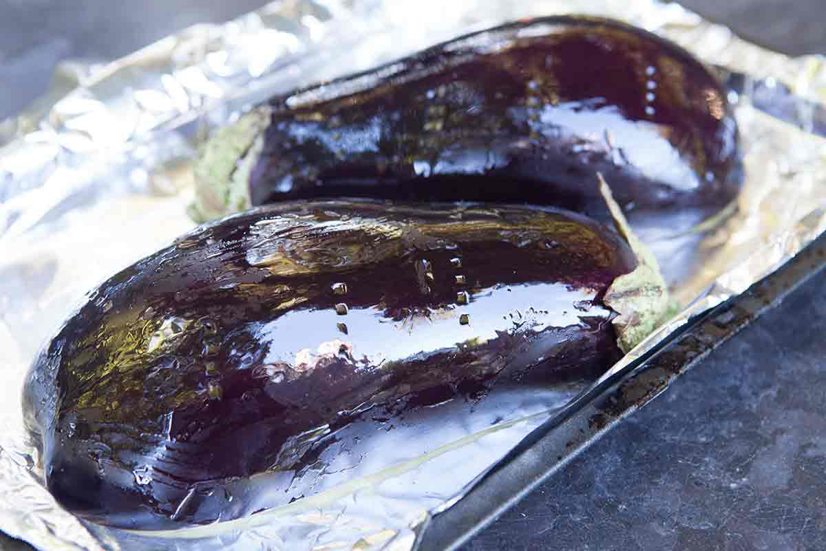 poke globe eggplants with tines of fork to make eggplant dip