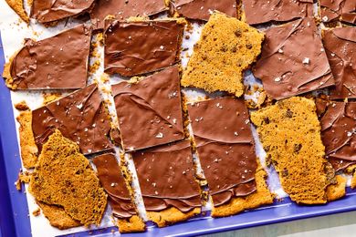 Chocolate chip cookie bark on a baking tray