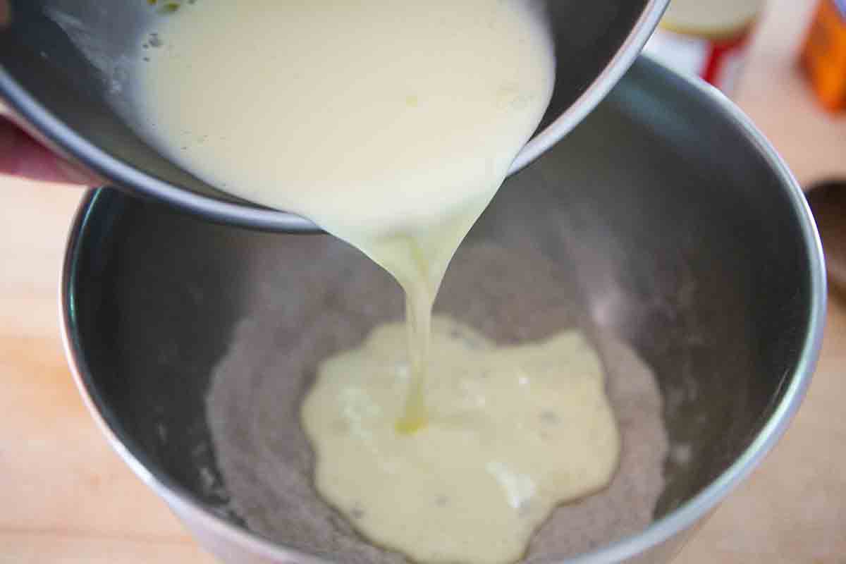 pour egg mixture into dry mixture for buckwheat waffles