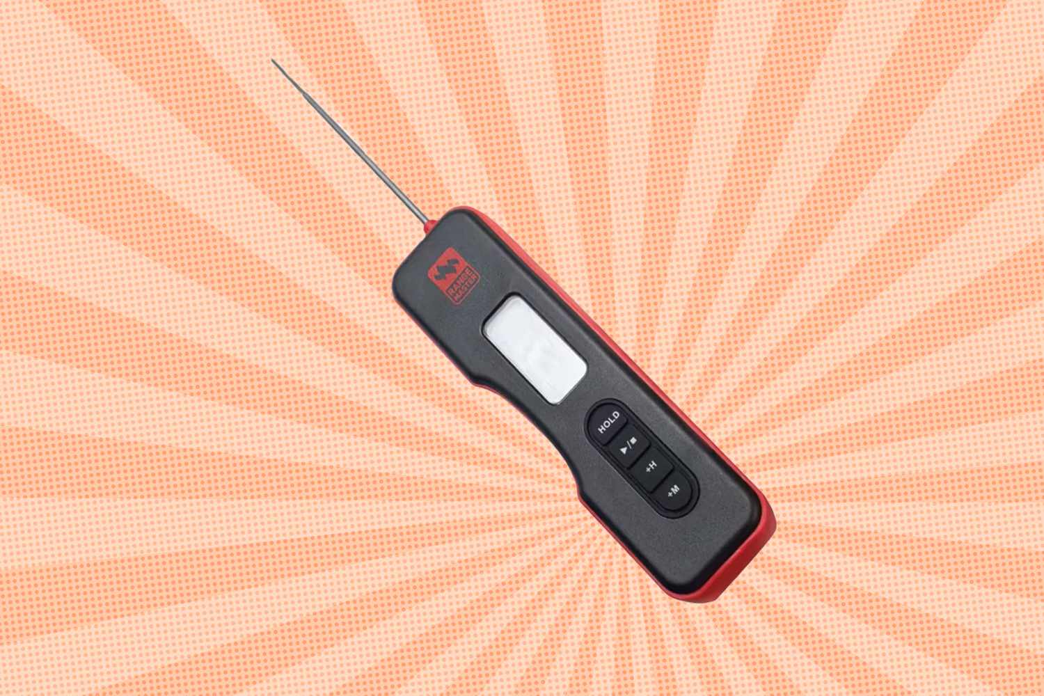 Digital cooking thermometer with a long probe displayed against a patterned radial background