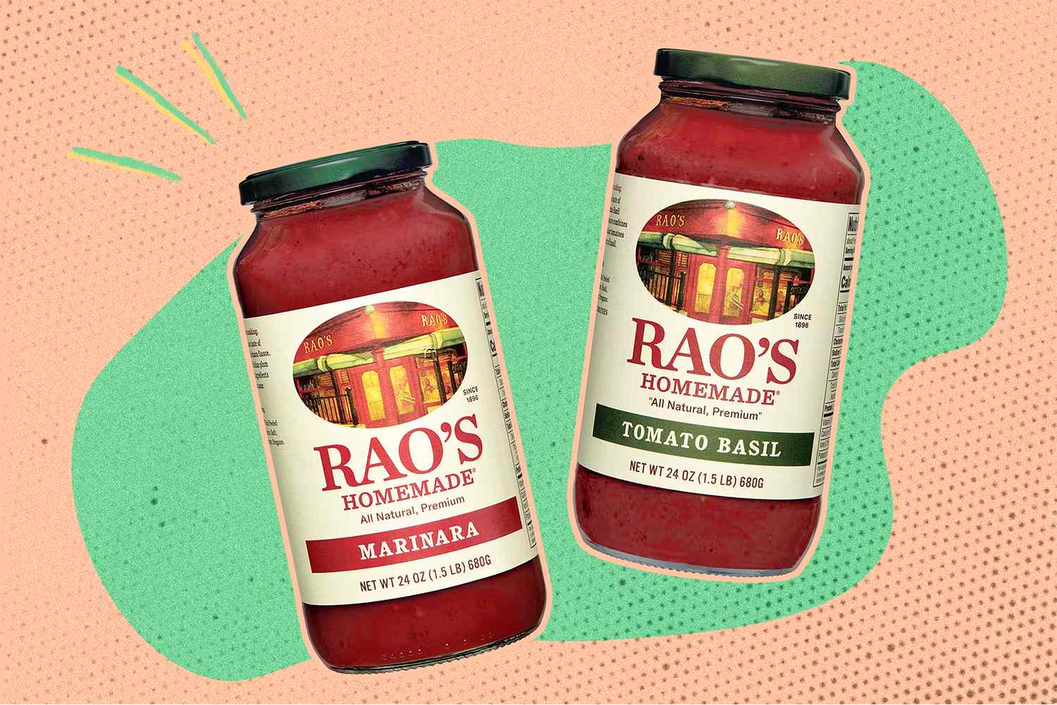 Two jars of Rao's Homemade sauce, Marinara and Tomato Basil, displayed with a graphic background