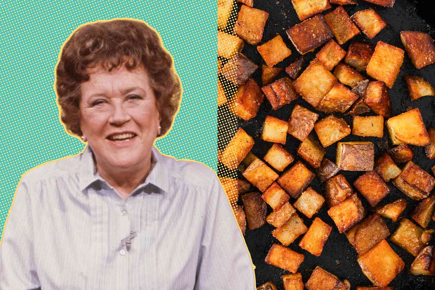 Julia Child, accompanied by diced potatoes on a background