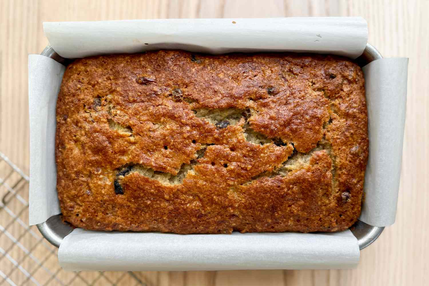 Overhead shot of a banana bread in a loaf pan