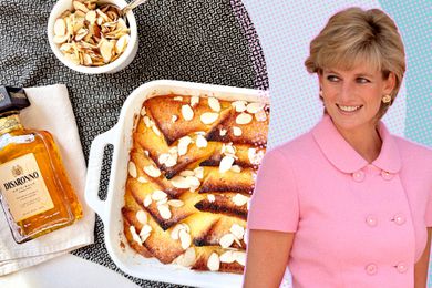 Photo of Princess Diana on a speckled background next to photo of her favorite bread pudding