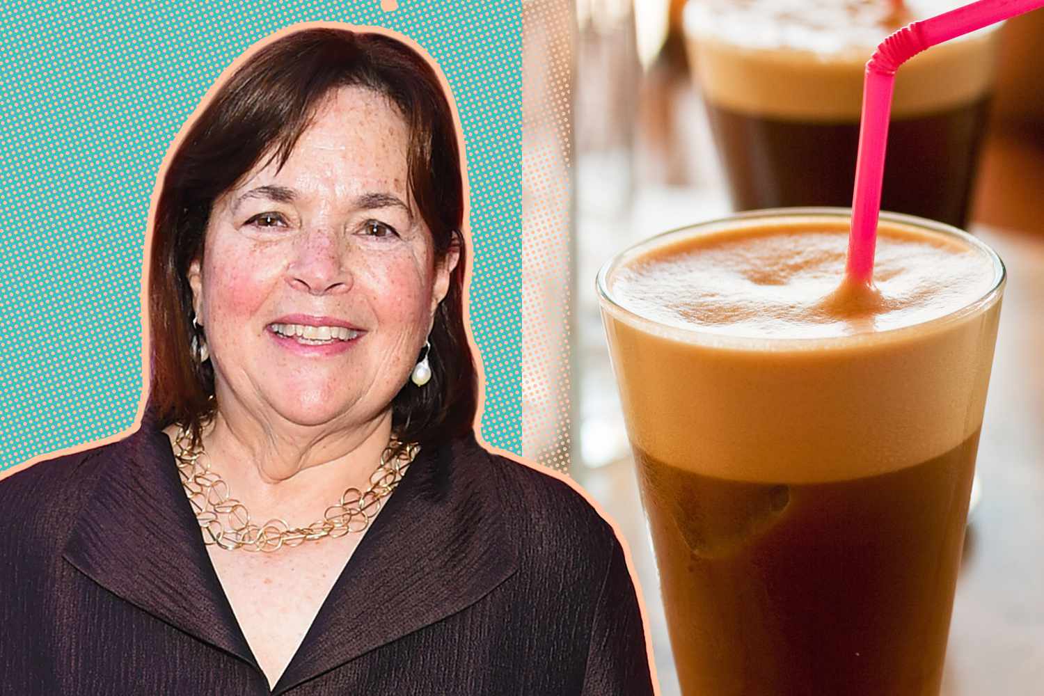 ina garten cut-out next to a picture of shaken espresso in a glass with a straw