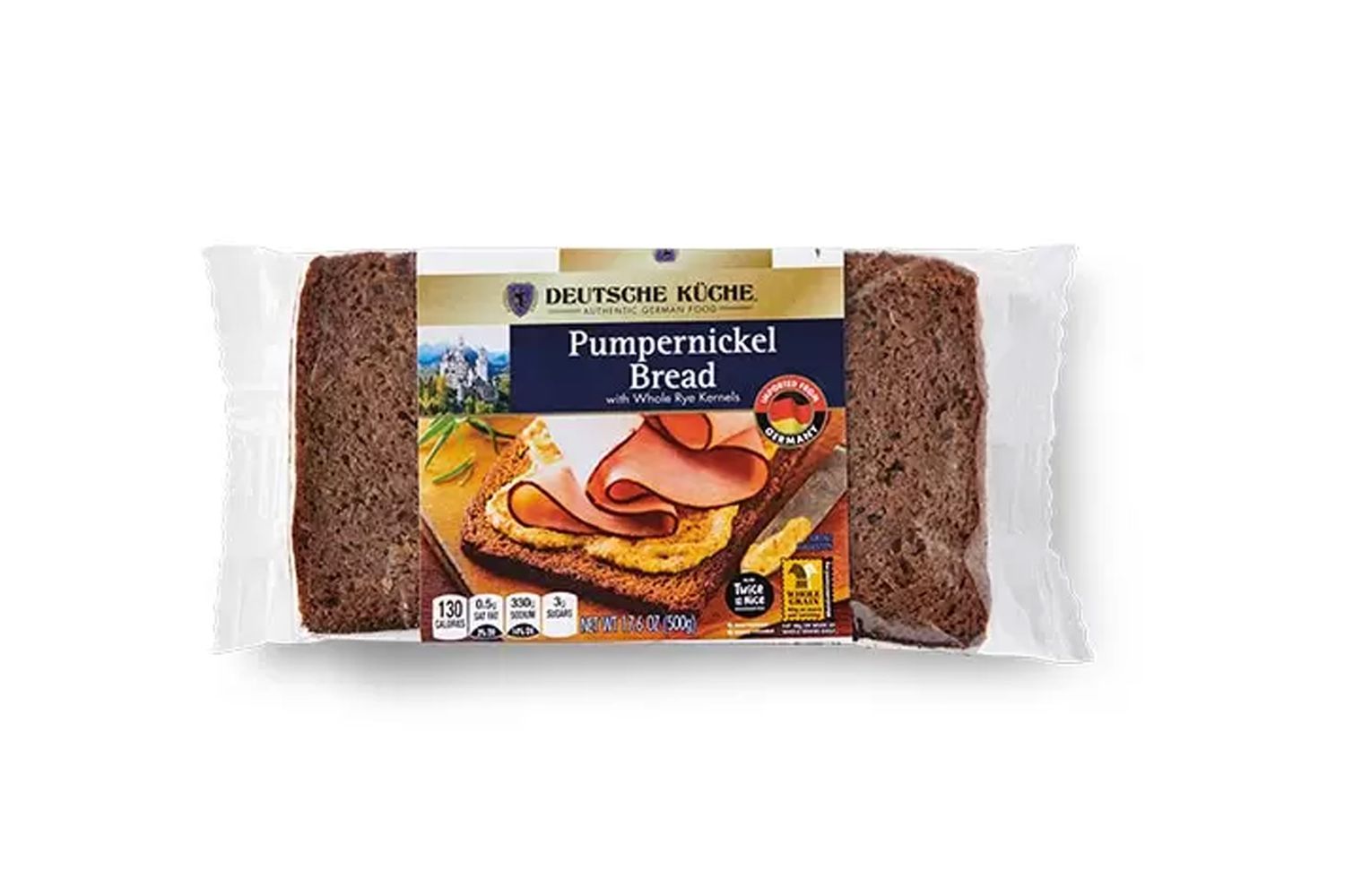 Overhead view of a package of Aldi German Pumpernickel Bread on a white background