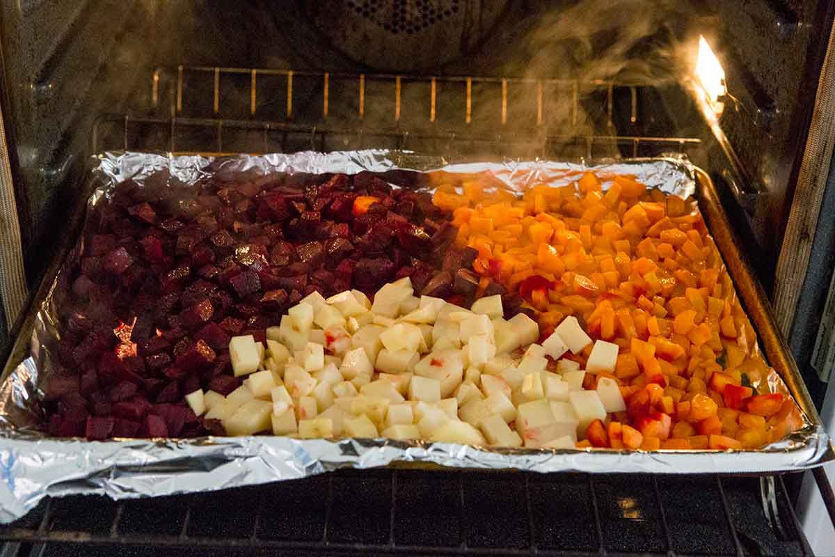 Beets, carrots and potatoes roasting in the oven