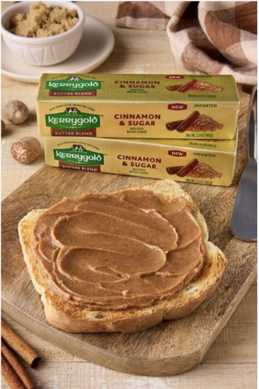 Toast spread with cinnamon sugar butter Kerrygold Cinnamon Sugar Butter packages in the background