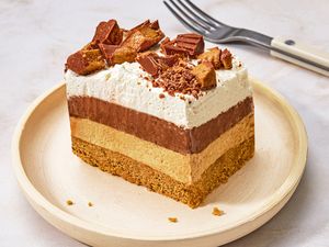 1 serving of Chocolate-Peanut Butter Delight on a plate with a fork